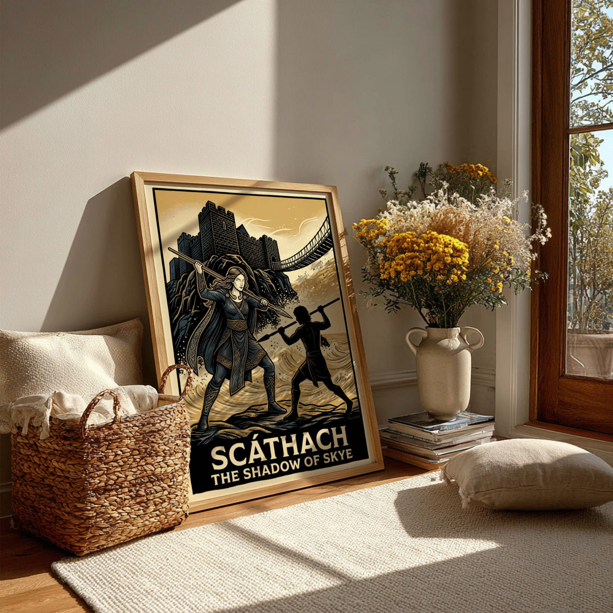 Poster of Scathach the Shadow of Skye wielding a spear before a coastal castle.