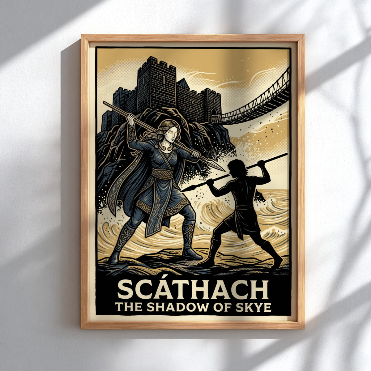 Poster of Scathach the Shadow of Skye wielding a spear before a coastal castle.