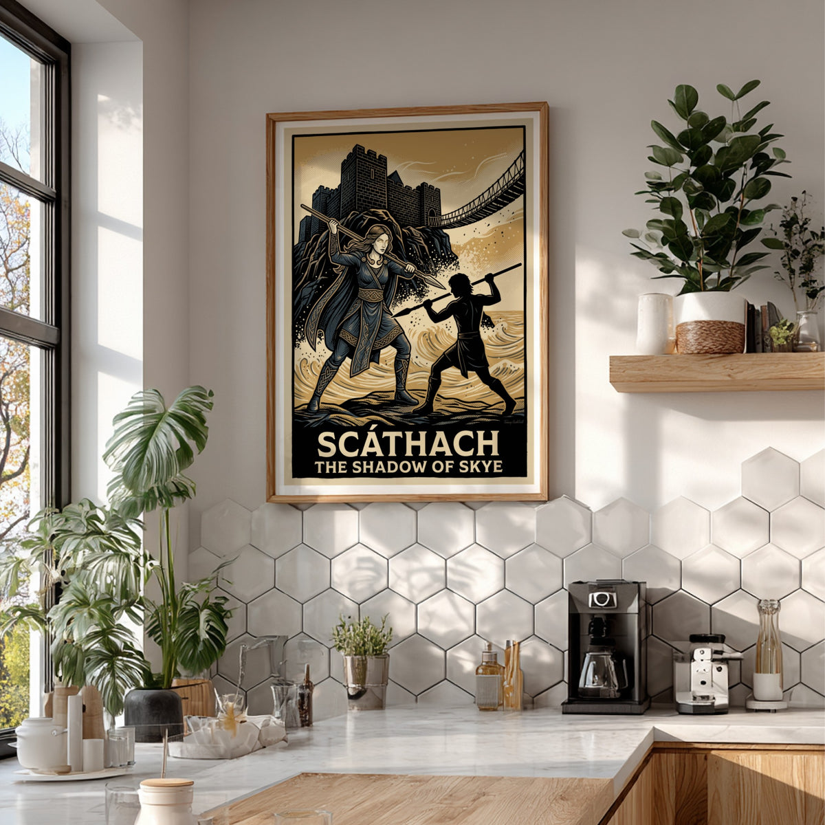 Poster of Scathach the Shadow of Skye wielding a spear before a coastal castle.
