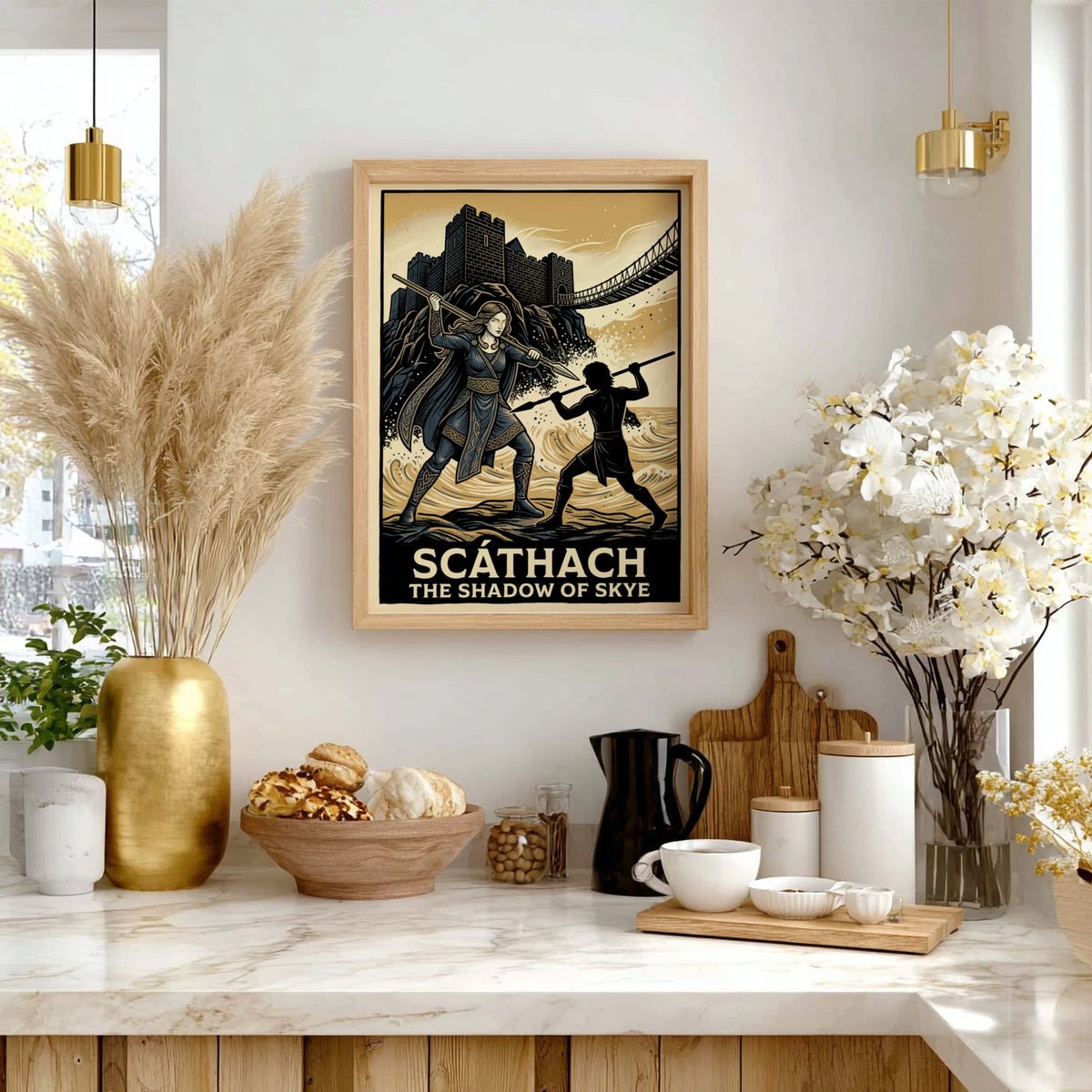 Poster of Scathach the Shadow of Skye wielding a spear before a coastal castle.