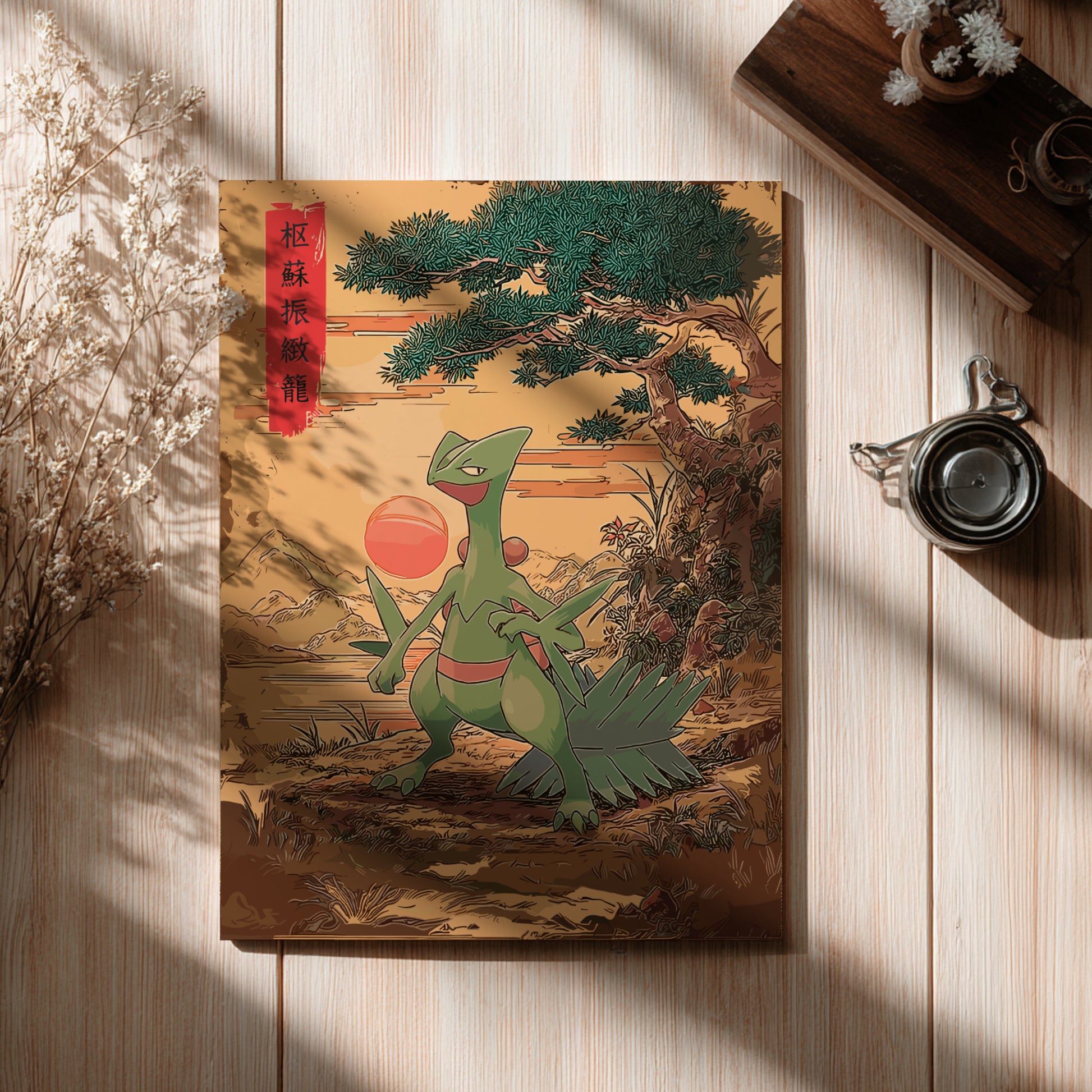 Wooden board with a Sceptile Pokemon design on a wooden surface