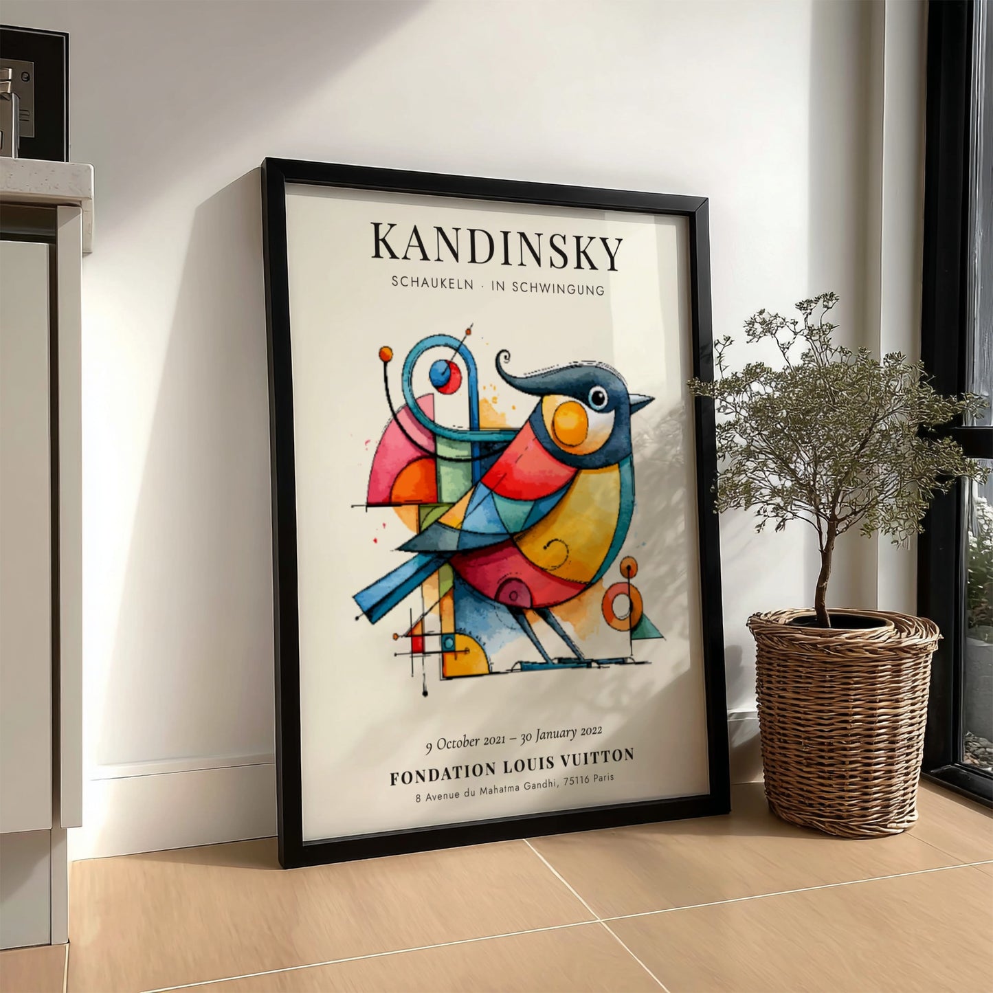 Kandinsky inspired poster featuring vibrant colors and abstract bird design
