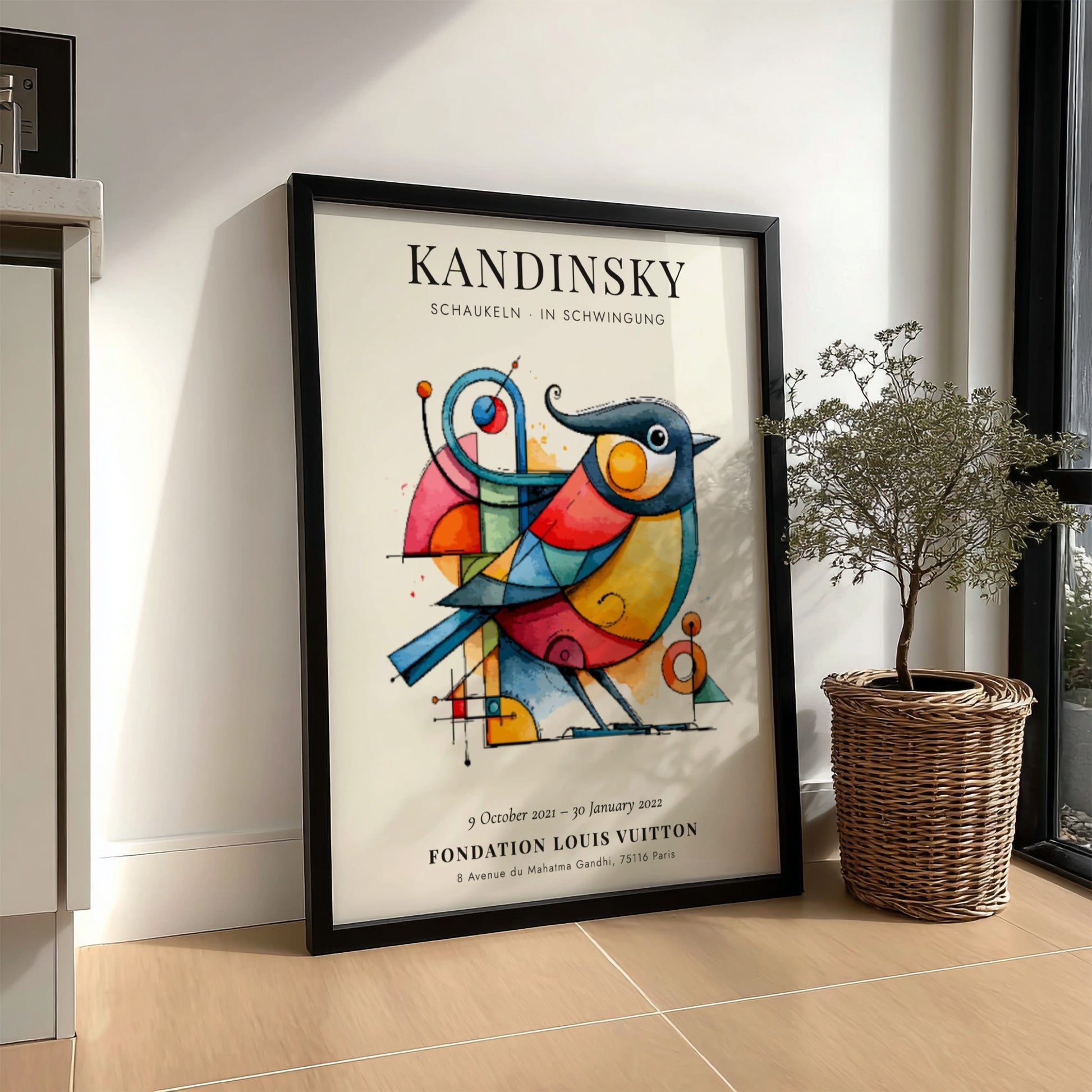 Kandinsky inspired poster featuring vibrant colors and abstract bird design