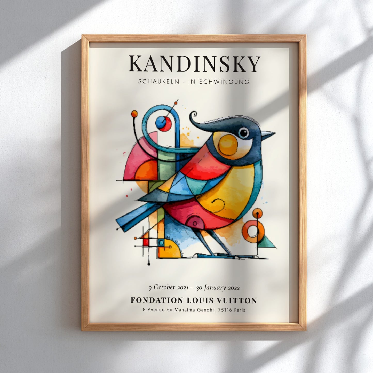 Kandinsky inspired poster featuring vibrant colors and abstract bird design