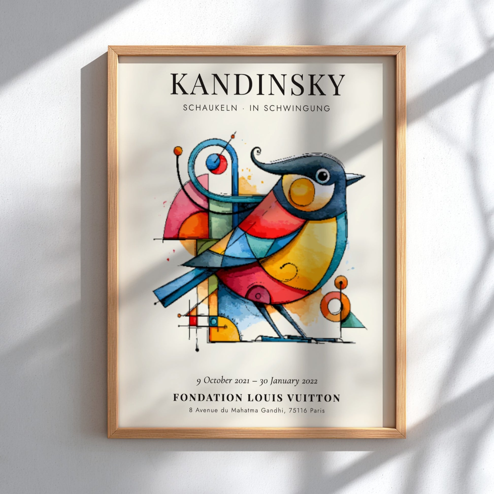 Kandinsky inspired poster featuring vibrant colors and abstract bird design