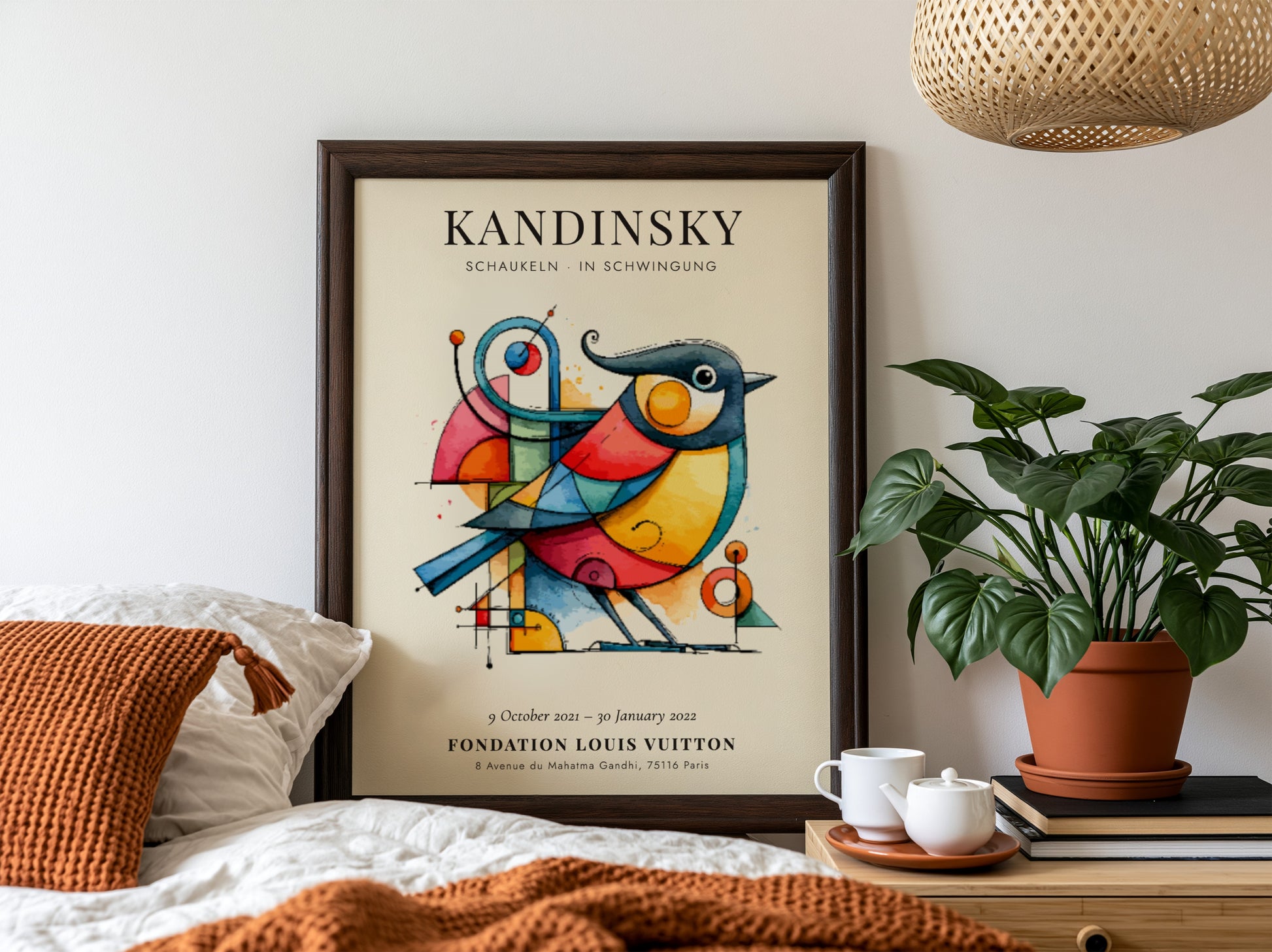 Kandinsky inspired poster featuring vibrant colors and abstract bird design