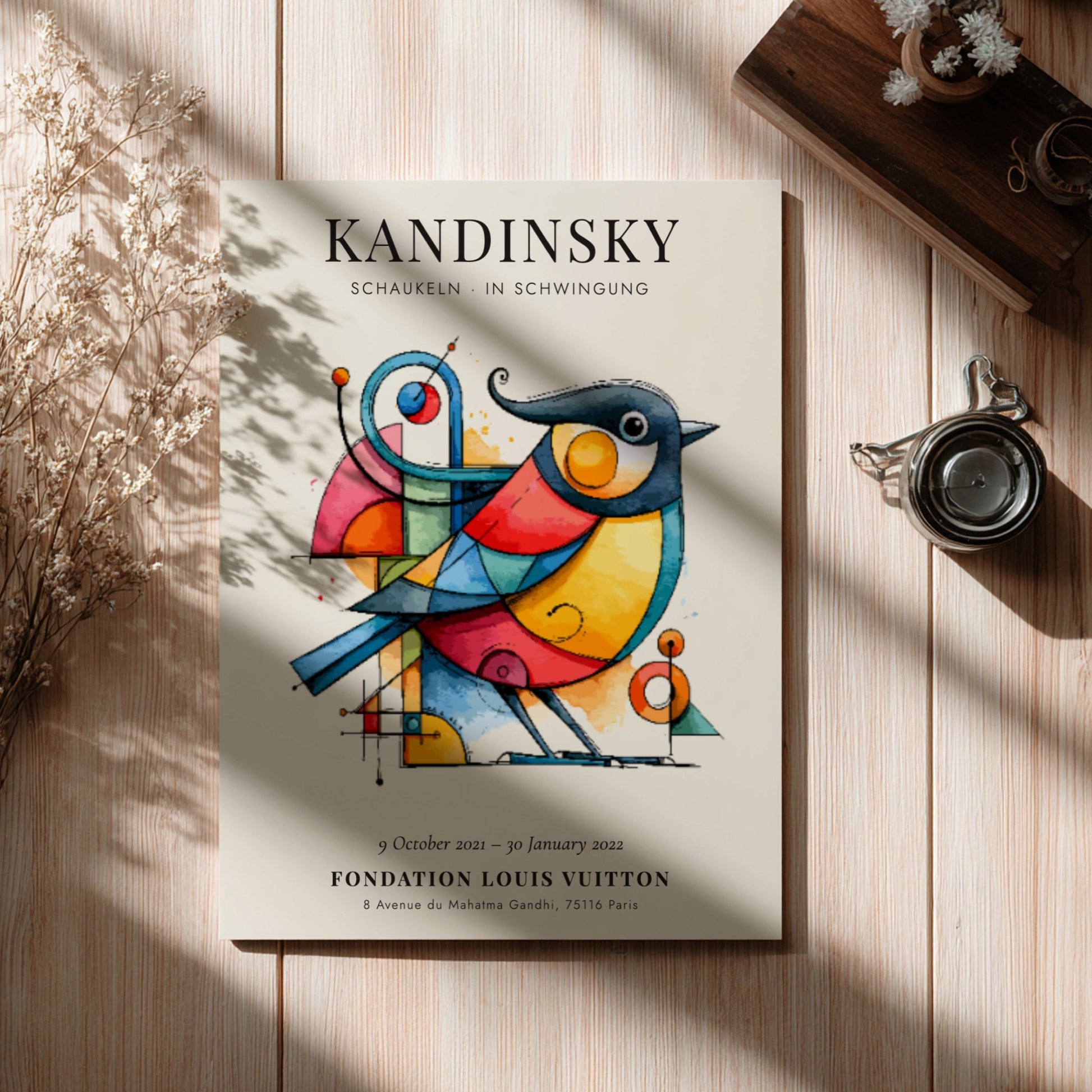 Kandinsky inspired poster featuring vibrant colors and abstract bird design