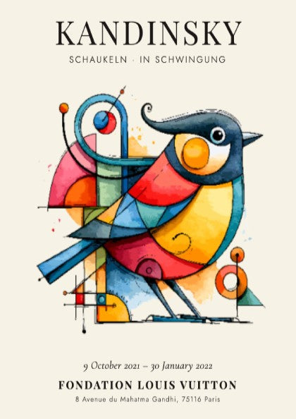 Kandinsky inspired poster featuring vibrant colors and abstract bird design