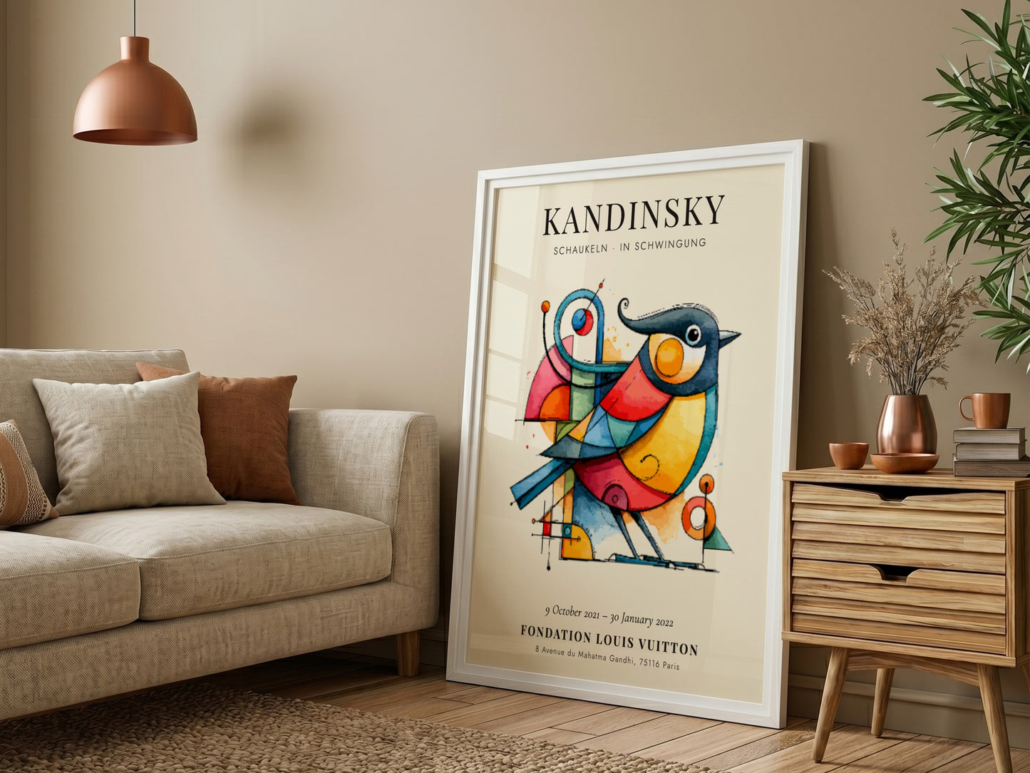 Kandinsky inspired poster featuring vibrant colors and abstract bird design