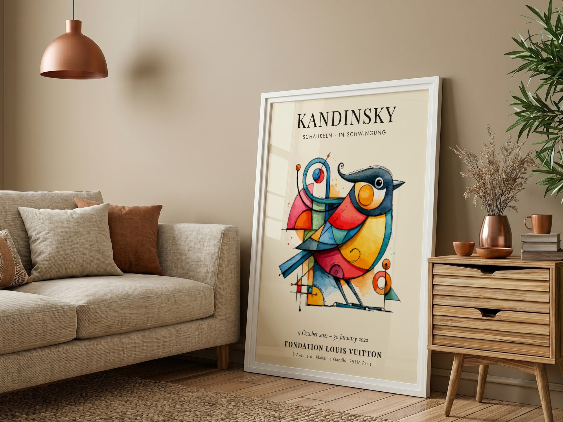 Kandinsky inspired poster featuring vibrant colors and abstract bird design