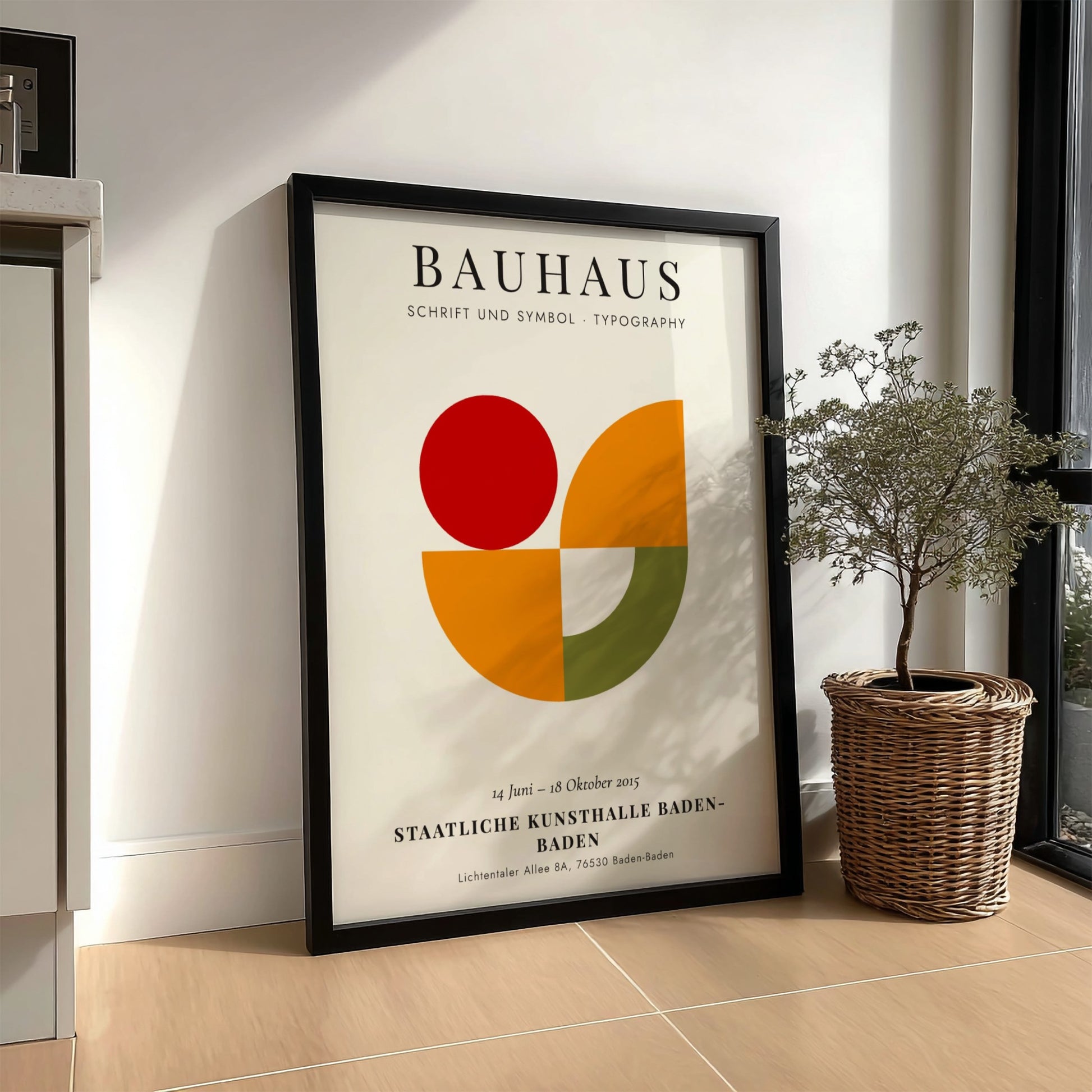 Bauhaus poster featuring geometric shapes in red, orange, and green, showcasing modern design elements.