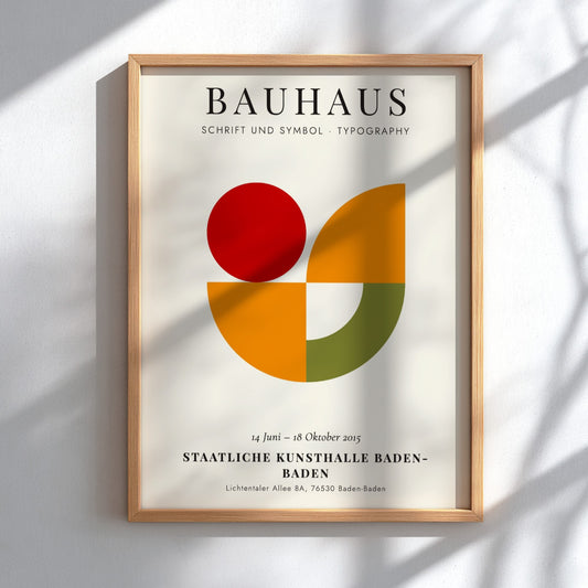 Bauhaus poster featuring geometric shapes in red, orange, and green, showcasing modern design elements.