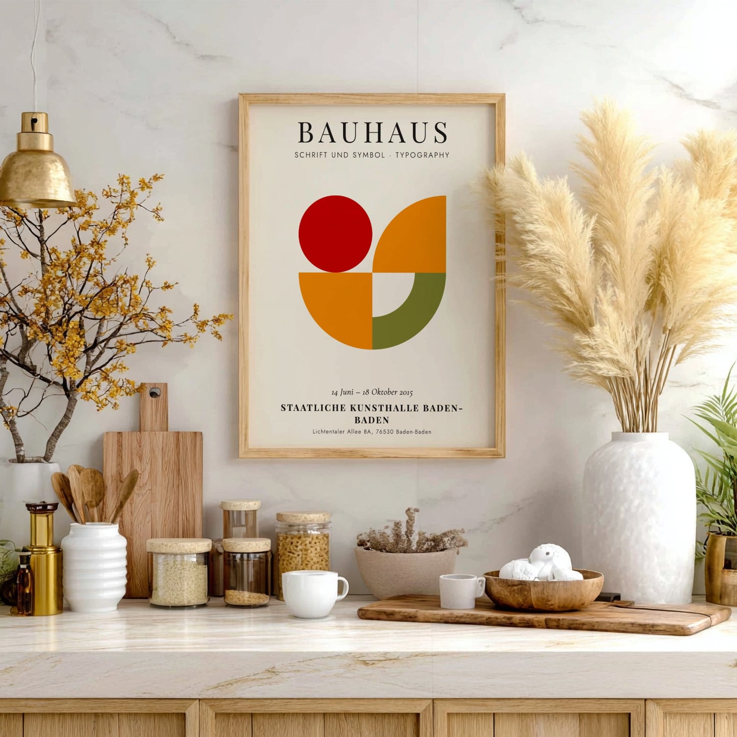 Bauhaus poster featuring geometric shapes in red, orange, and green, showcasing modern design elements.