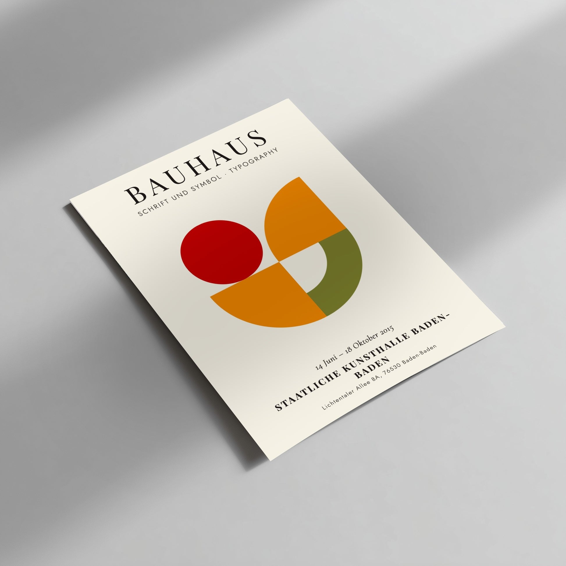 Bauhaus poster featuring geometric shapes in red, orange, and green, showcasing modern design elements.