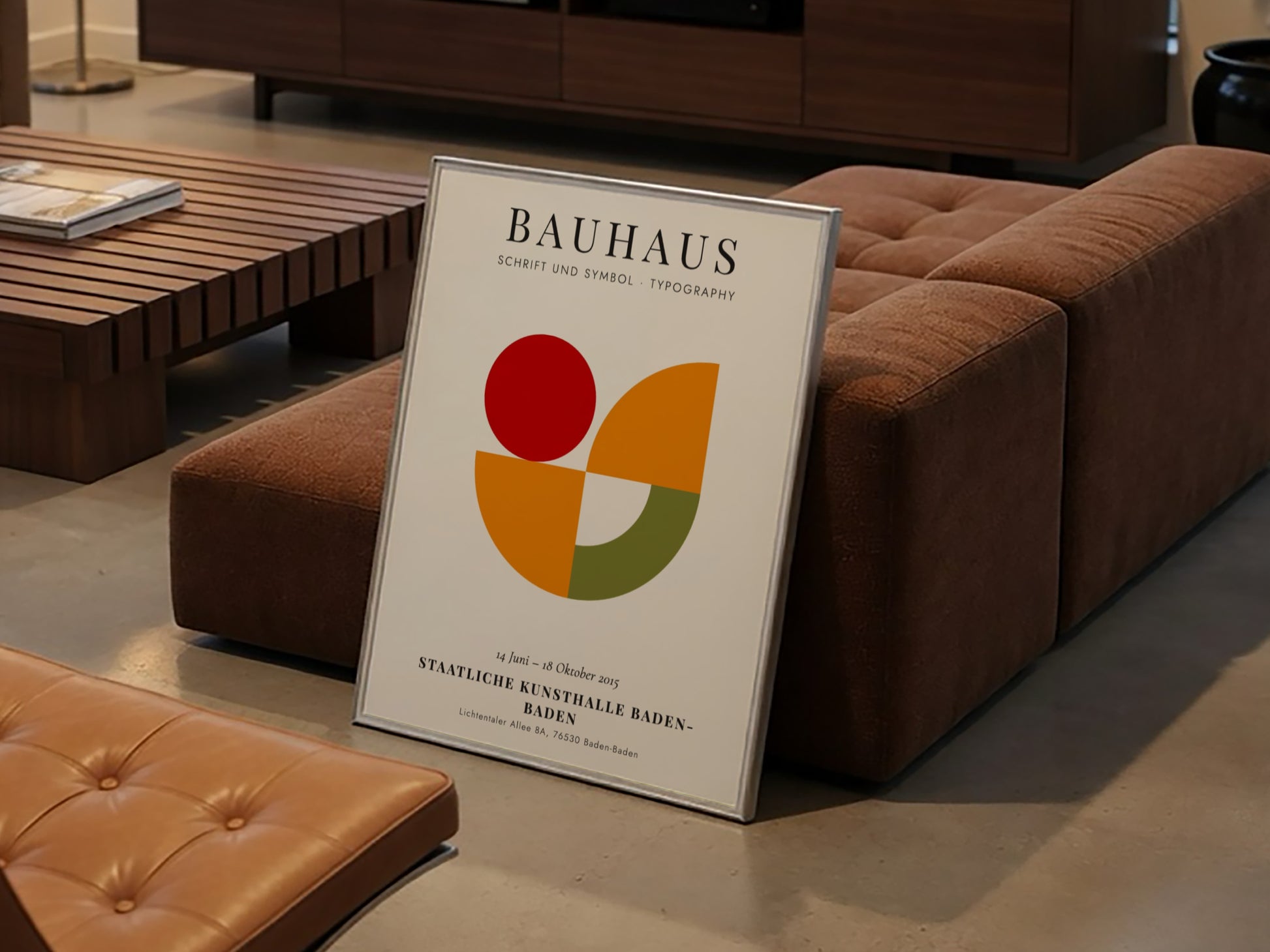Bauhaus poster featuring geometric shapes in red, orange, and green, showcasing modern design elements.