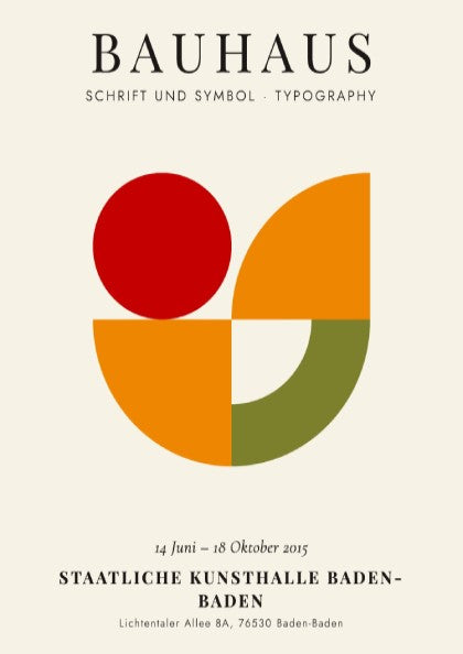 Bauhaus poster featuring geometric shapes in red, orange, and green, showcasing modern design elements.