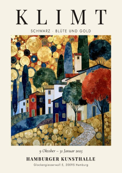 Schwarz - Blüte und Gold poster featuring gold tones and floral motifs, inspired by Gustav Klimt.
