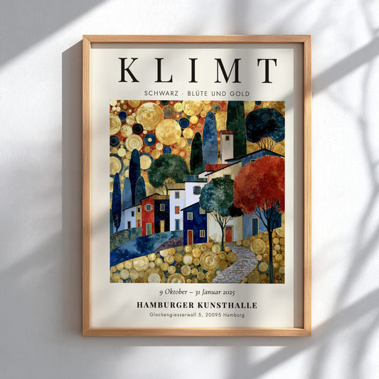Schwarz - Blüte und Gold poster featuring gold tones and floral motifs, inspired by Gustav Klimt.