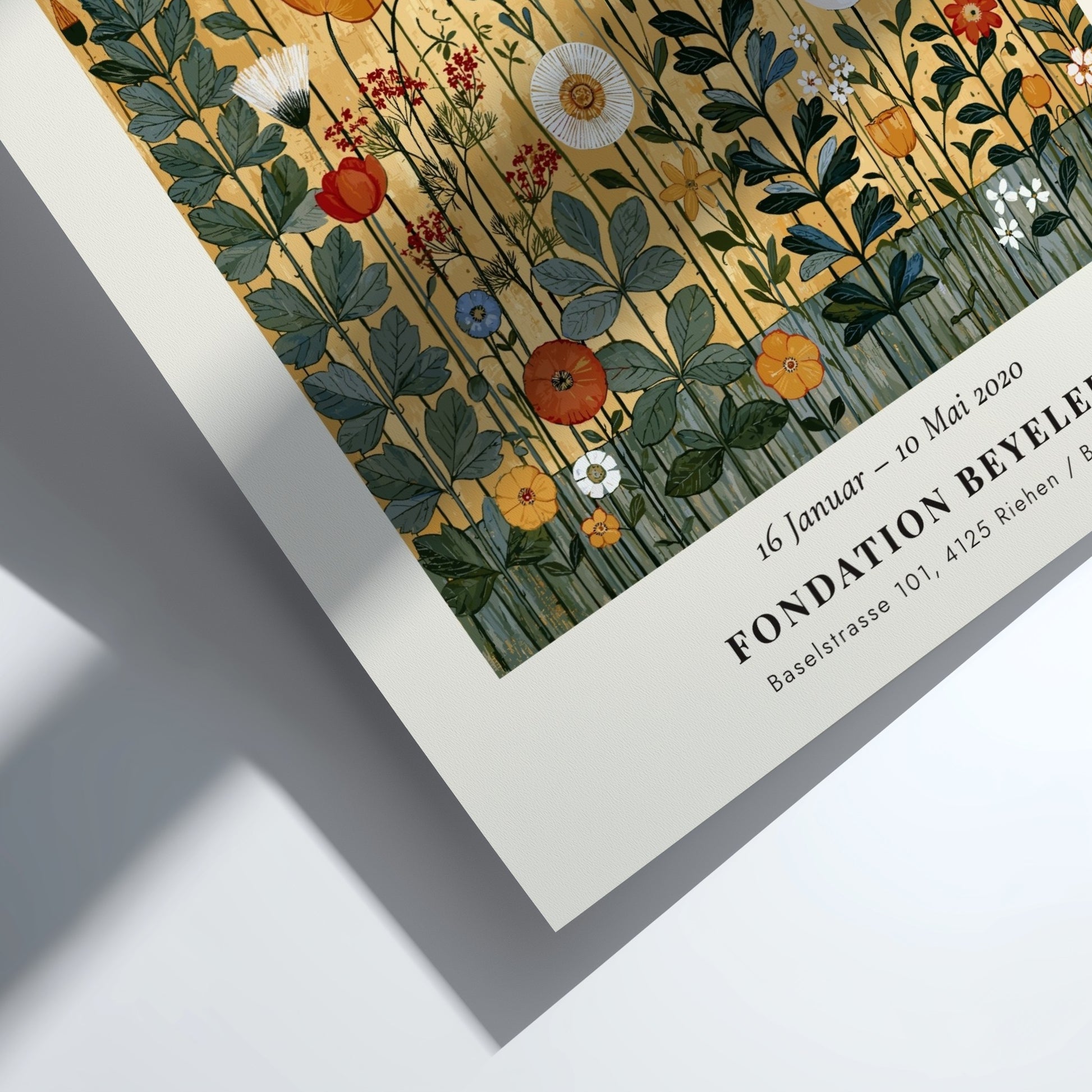 Poster inspired by Gustav Klimt featuring vibrant wildflowers in gold and green tones