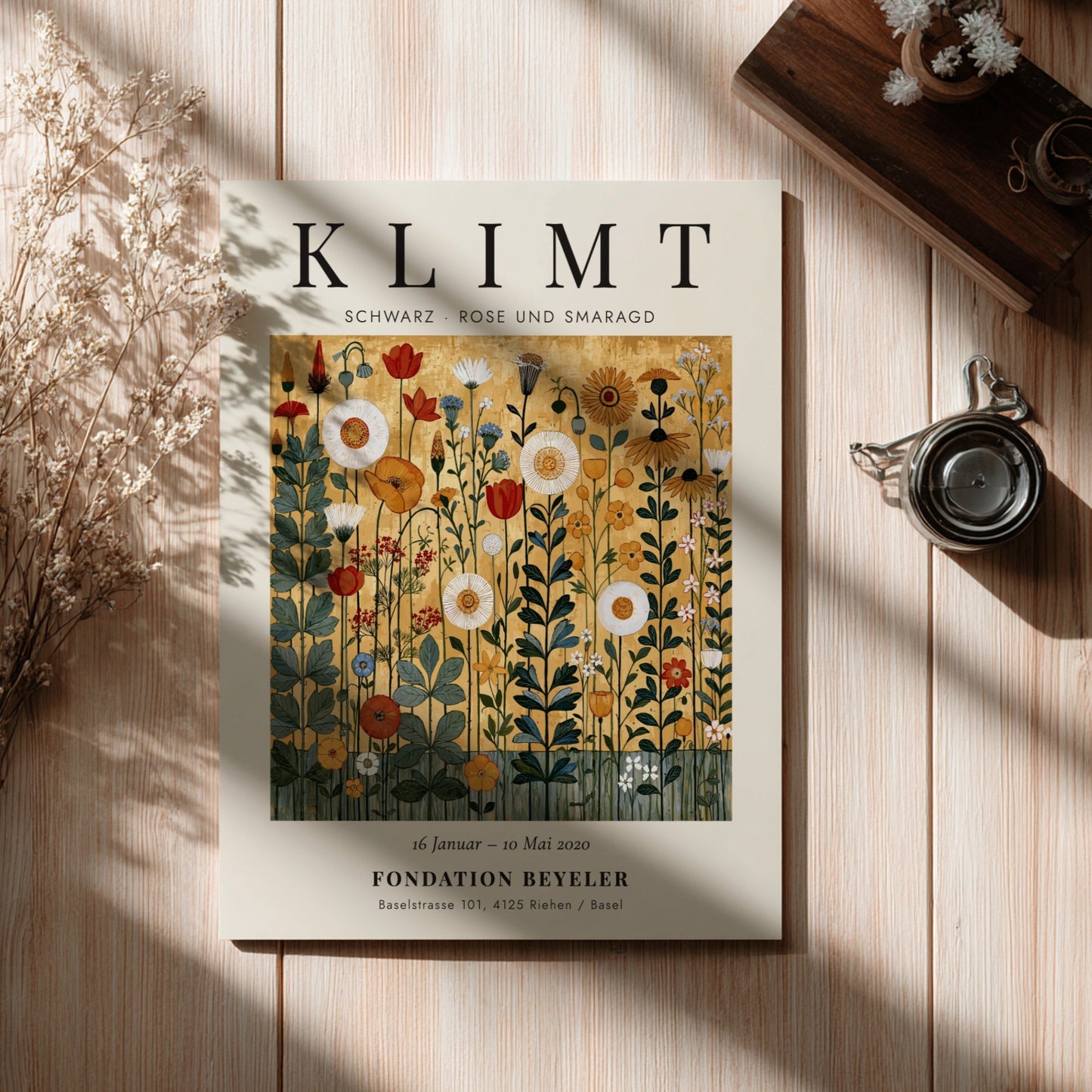 Poster inspired by Gustav Klimt featuring vibrant wildflowers in gold and green tones