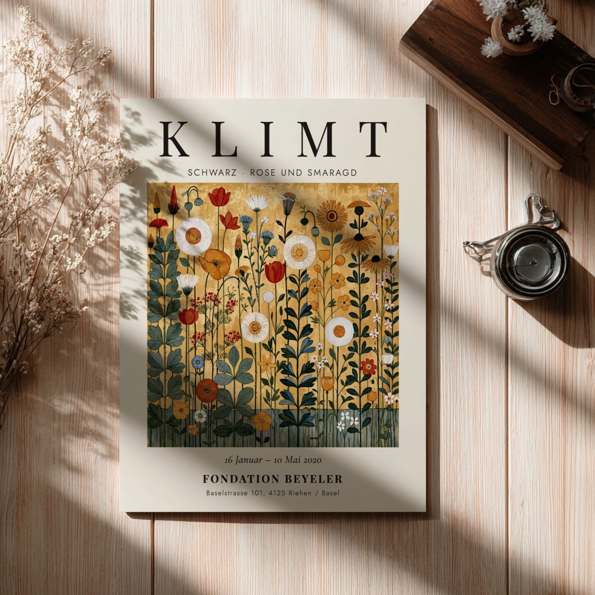 Poster inspired by Gustav Klimt featuring vibrant wildflowers in gold and green tones