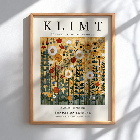 Poster inspired by Gustav Klimt featuring vibrant wildflowers in gold and green tones
