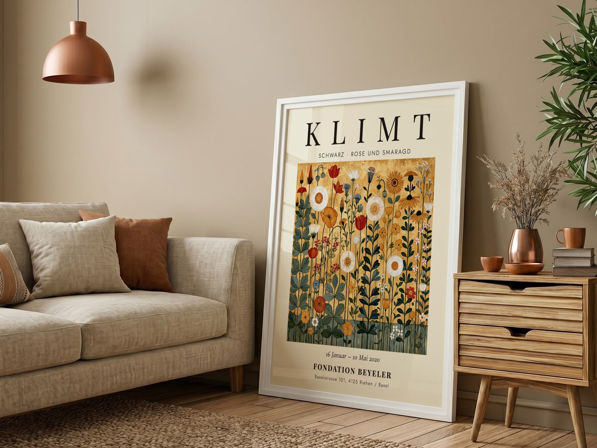 Poster inspired by Gustav Klimt featuring vibrant wildflowers in gold and green tones