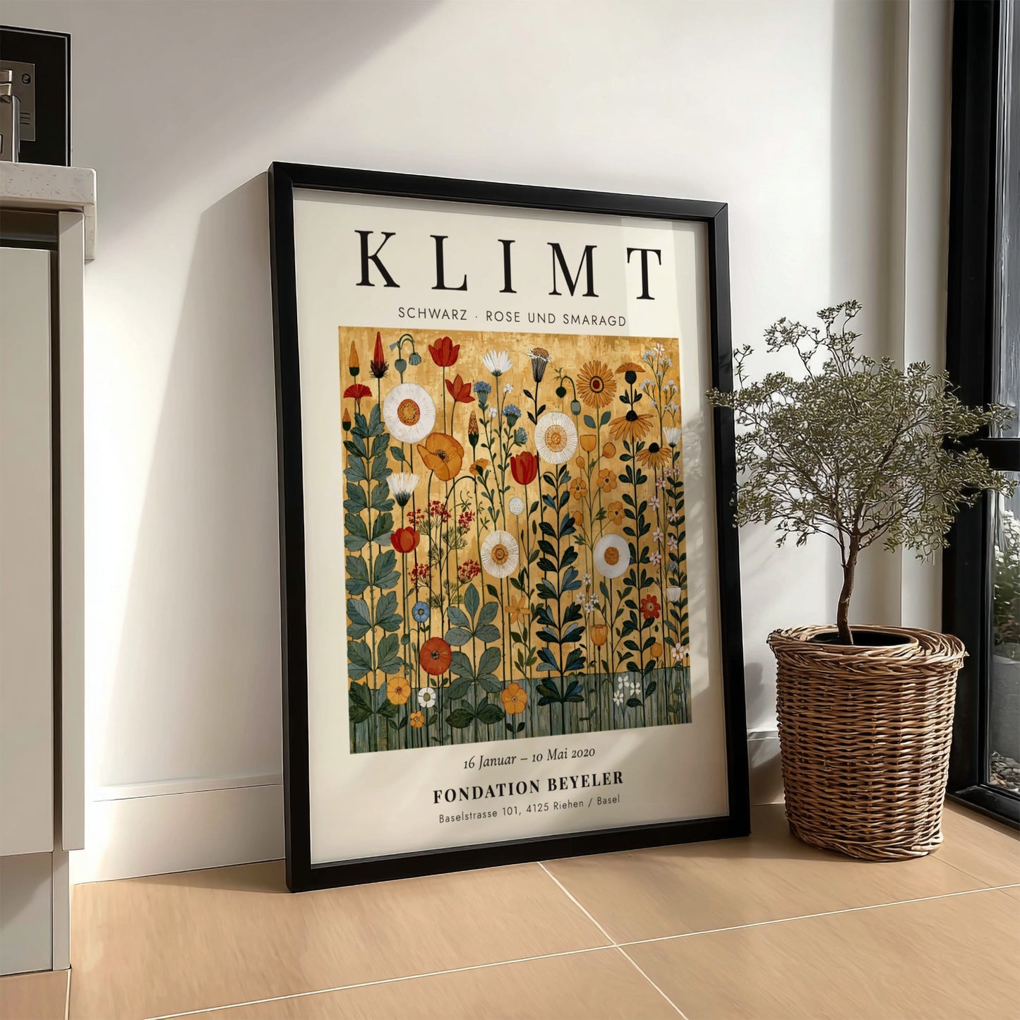 Poster inspired by Gustav Klimt featuring vibrant wildflowers in gold and green tones
