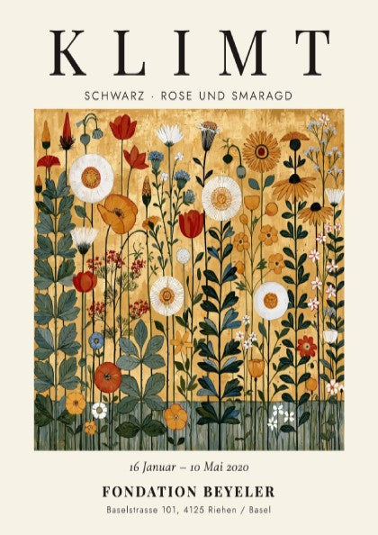Poster inspired by Gustav Klimt featuring vibrant wildflowers in gold and green tones