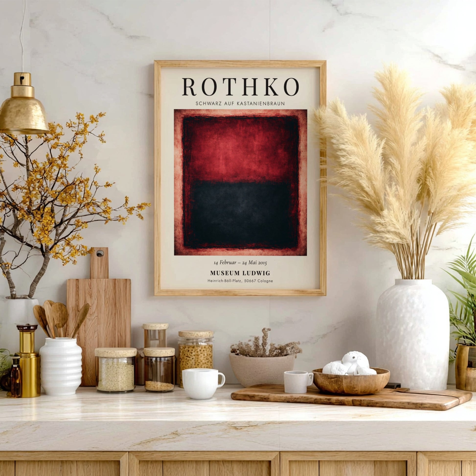 Wall art poster featuring Mark Rothko's Schwarz auf Kastanienbraun with deep red black blocks