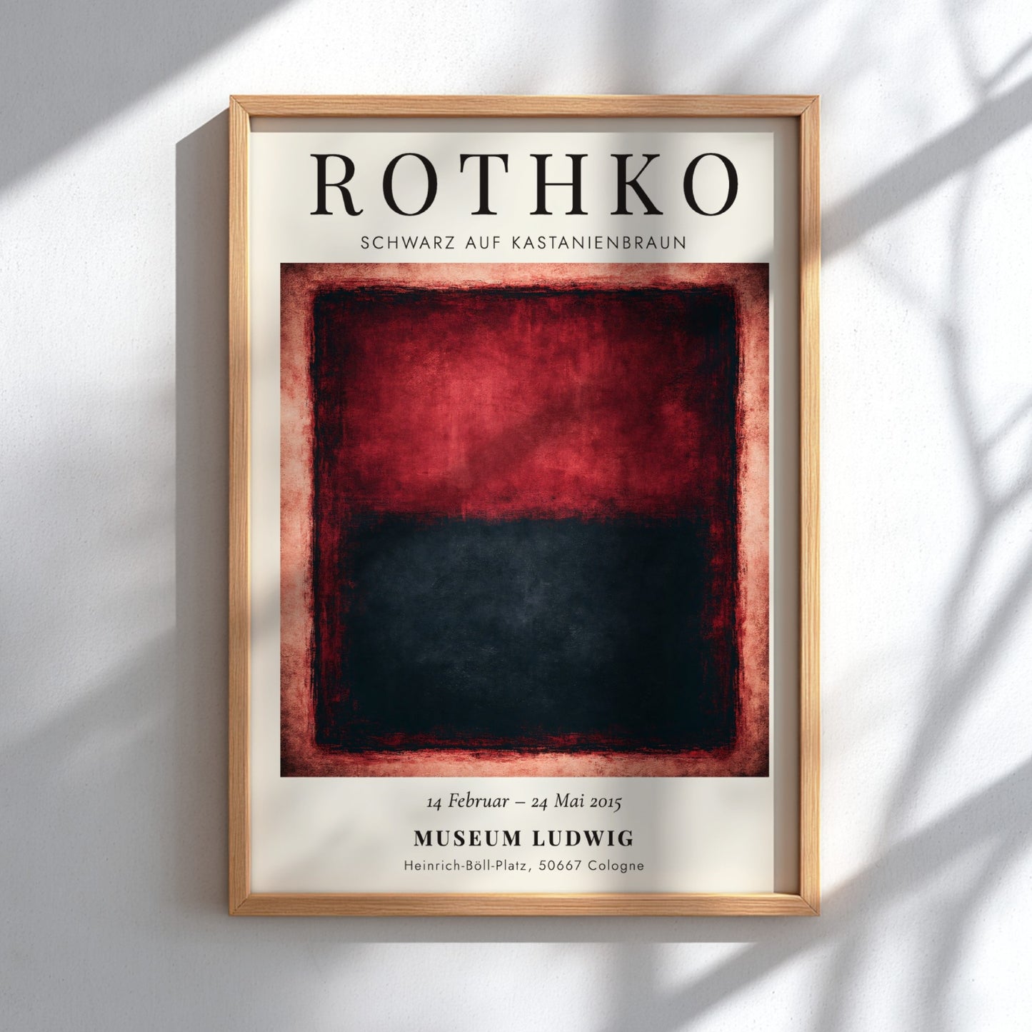 Wall art poster featuring Mark Rothko's Schwarz auf Kastanienbraun with deep red black blocks