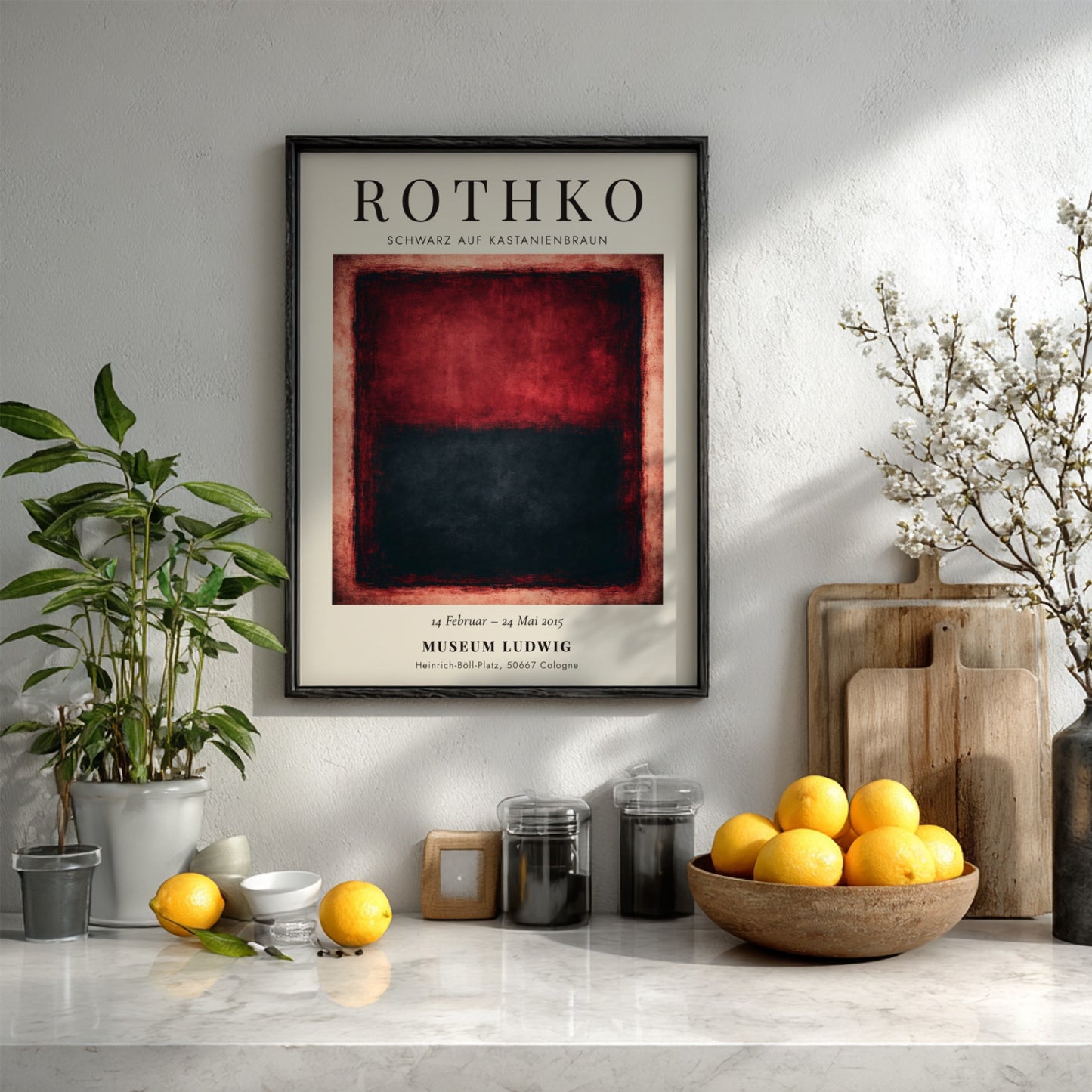 Wall art poster featuring Mark Rothko's Schwarz auf Kastanienbraun with deep red black blocks