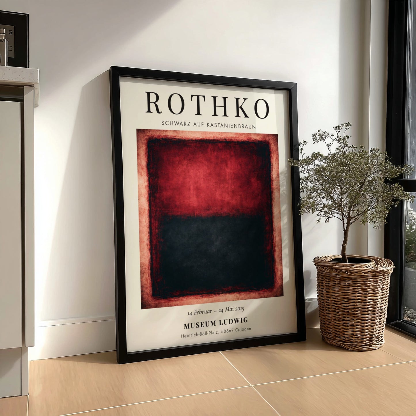 Wall art poster featuring Mark Rothko's Schwarz auf Kastanienbraun with deep red black blocks