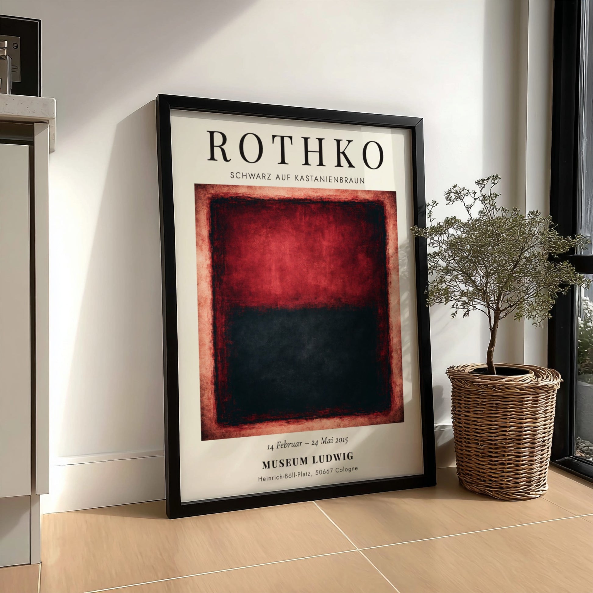 Wall art poster featuring Mark Rothko's Schwarz auf Kastanienbraun with deep red black blocks