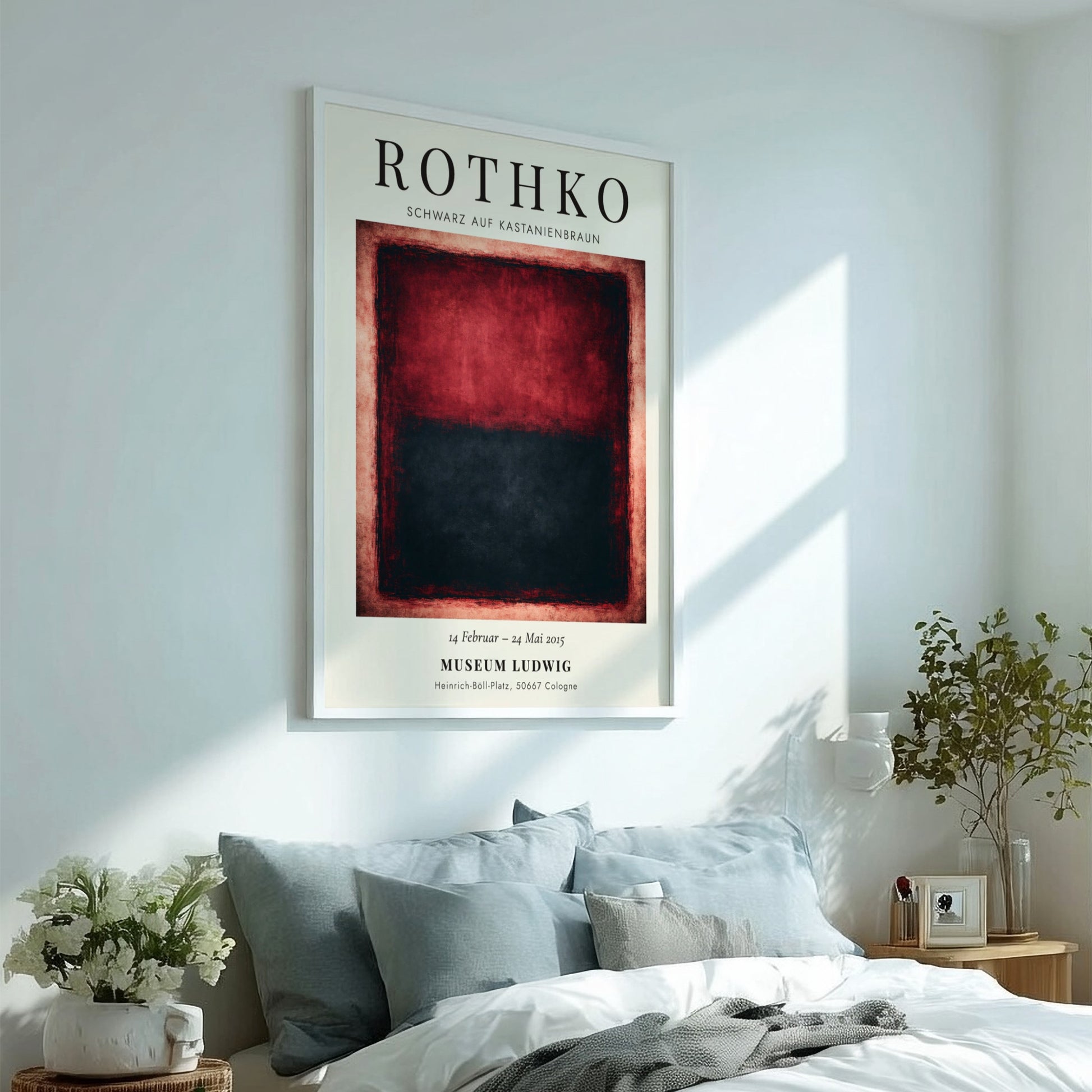 Wall art poster featuring Mark Rothko's Schwarz auf Kastanienbraun with deep red black blocks