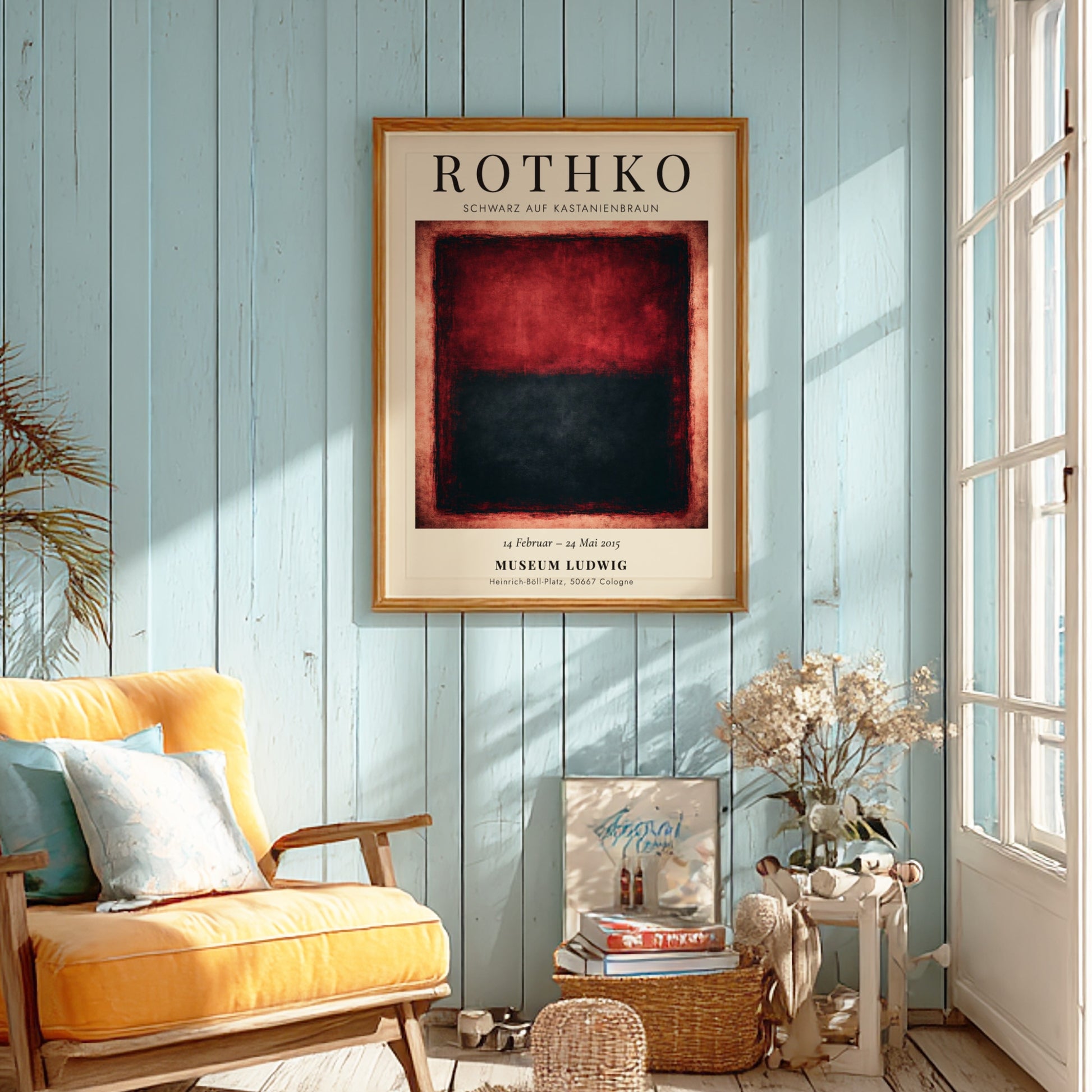 Wall art poster featuring Mark Rothko's Schwarz auf Kastanienbraun with deep red black blocks