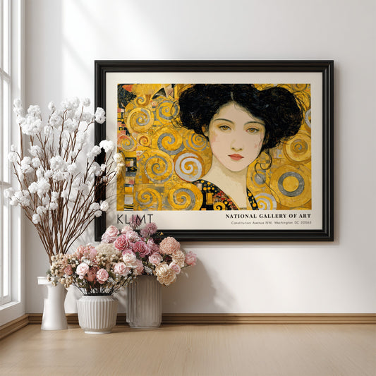 Klimt inspired wall art print featuring a golden portrait with swirling patterns