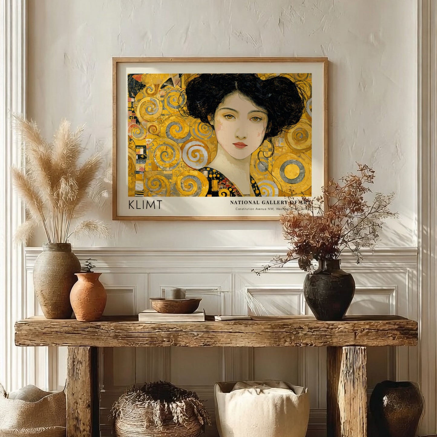 Klimt inspired wall art print featuring a golden portrait with swirling patterns