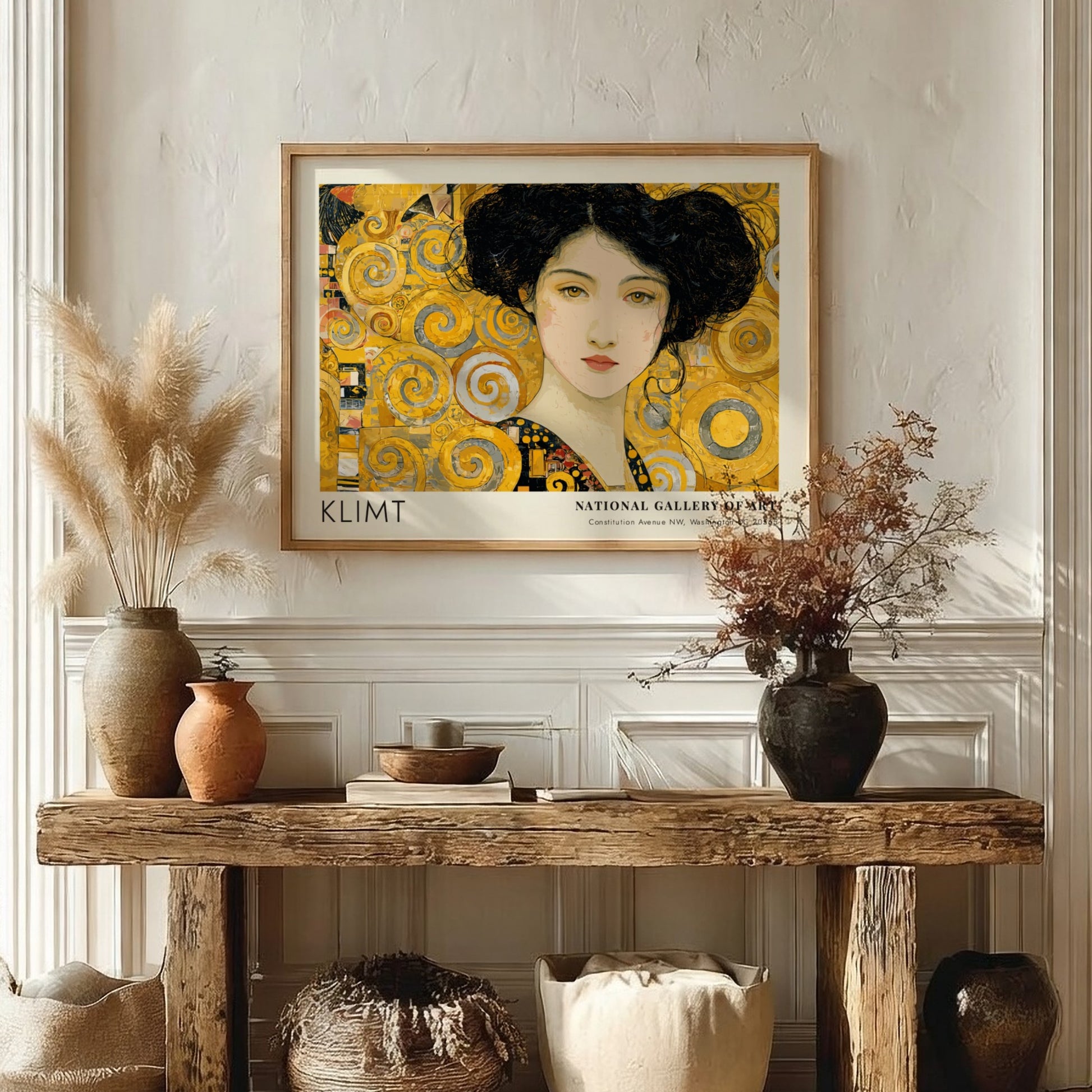 Klimt inspired wall art print featuring a golden portrait with swirling patterns