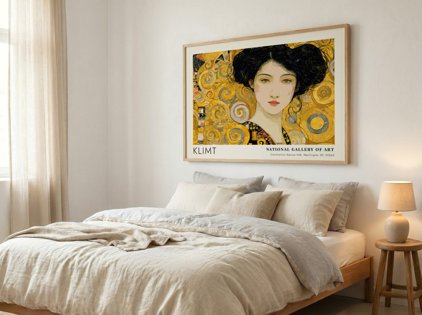 Klimt inspired wall art print featuring a golden portrait with swirling patterns