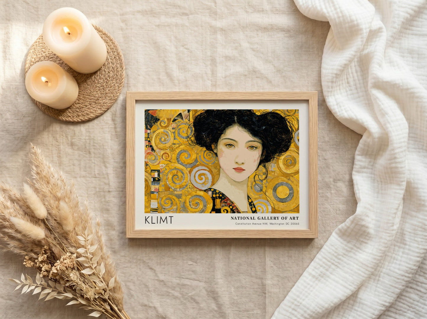 Klimt inspired wall art print featuring a golden portrait with swirling patterns