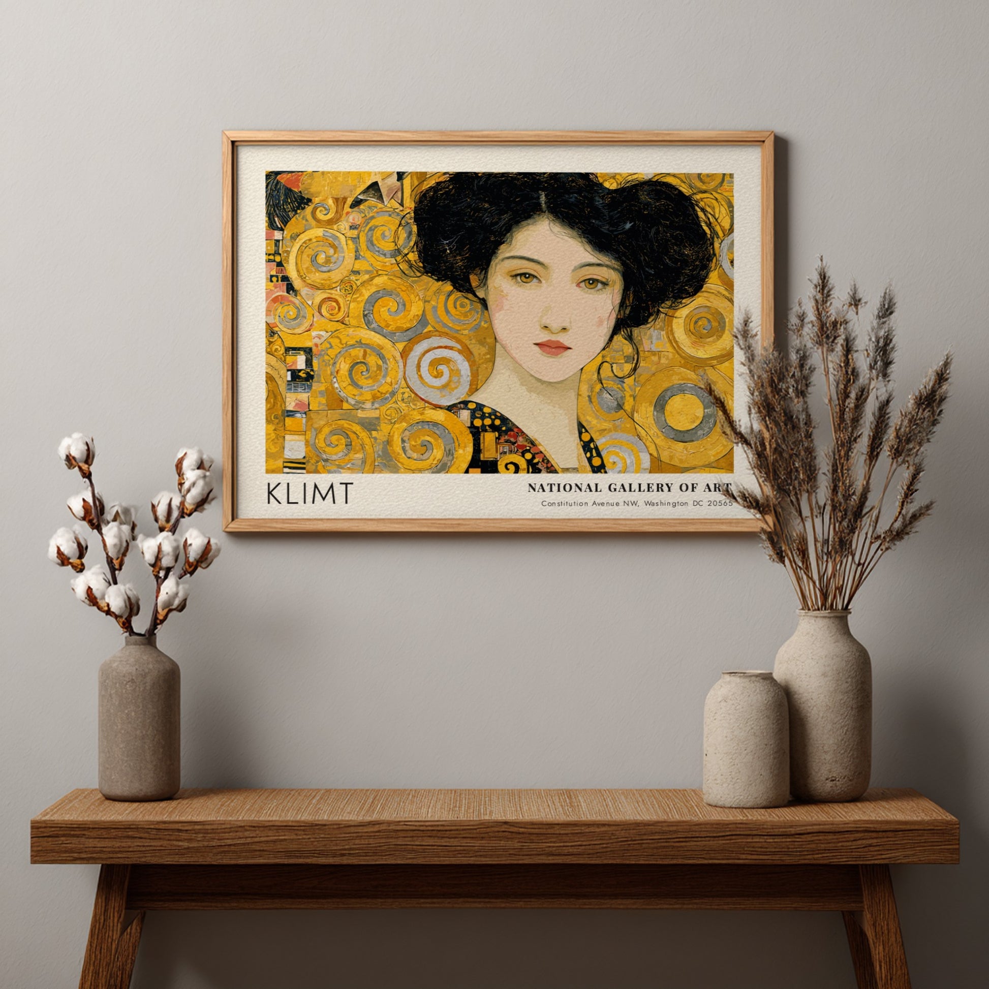 Klimt inspired wall art print featuring a golden portrait with swirling patterns