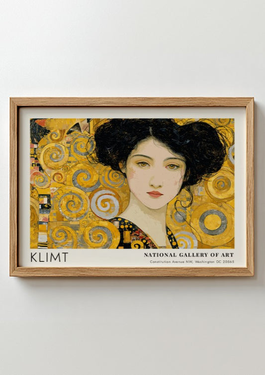Klimt inspired wall art print featuring a golden portrait with swirling patterns
