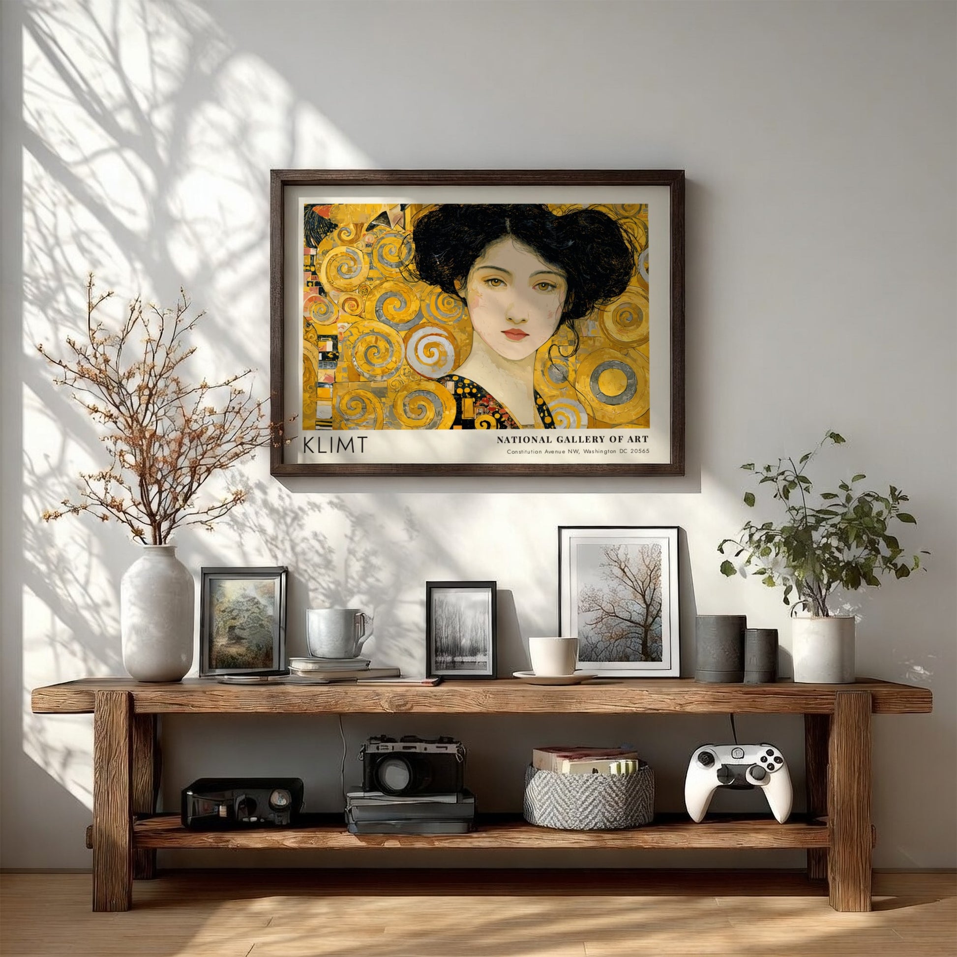 Klimt inspired wall art print featuring a golden portrait with swirling patterns