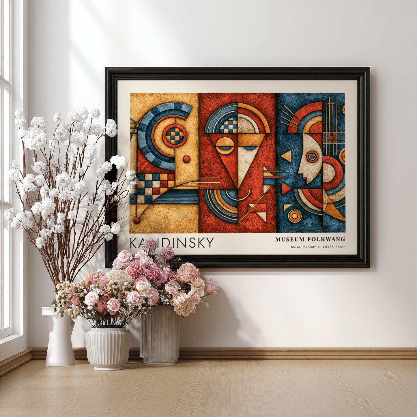 Wall art poster featuring Kandinsky Museum Folkwang exhibition design with geometric blue and red shapes