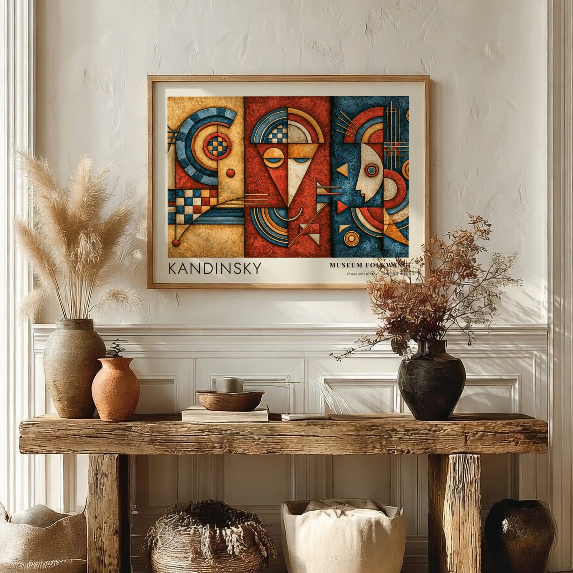 Wall art poster featuring Kandinsky Museum Folkwang exhibition design with geometric blue and red shapes