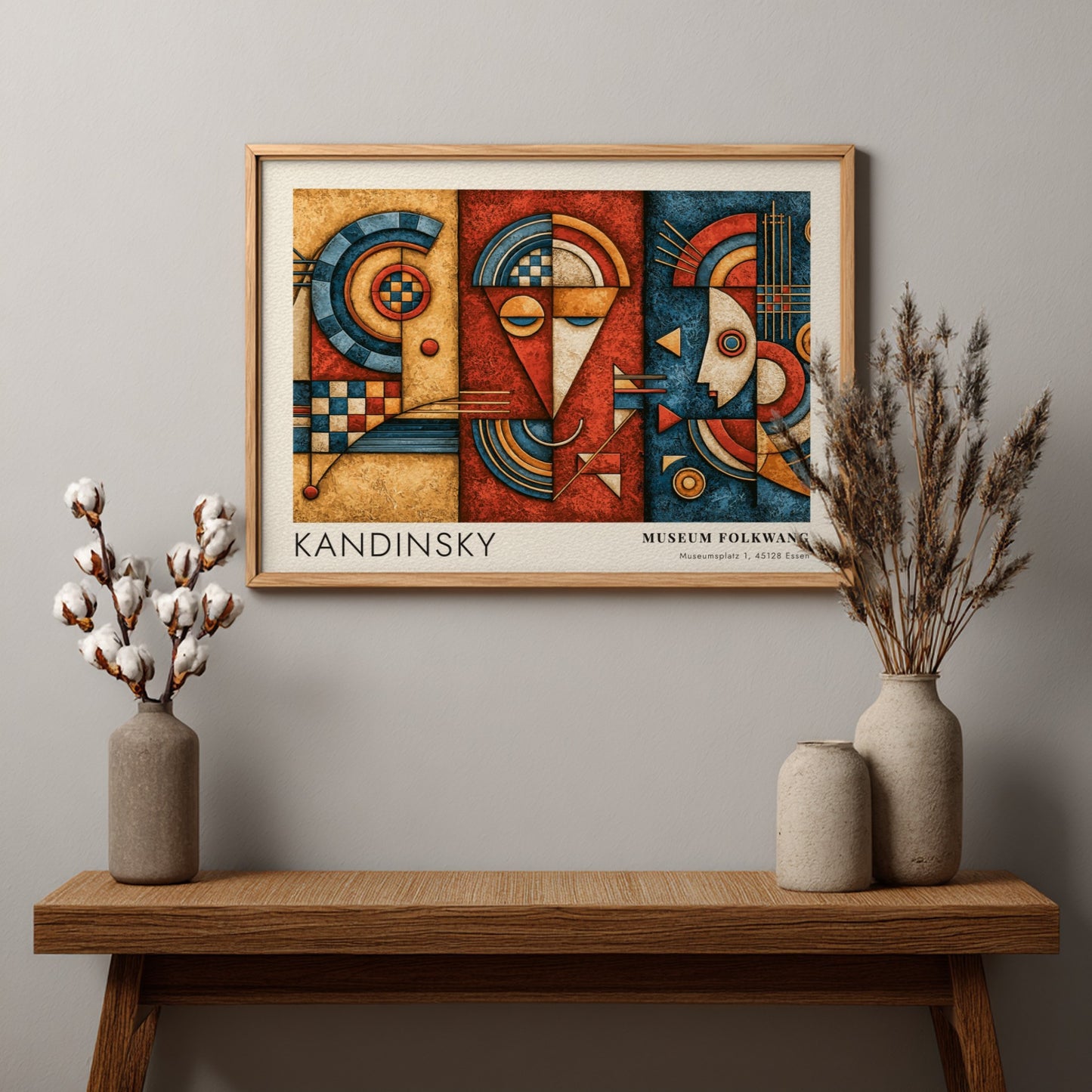 Wall art poster featuring Kandinsky Museum Folkwang exhibition design with geometric blue and red shapes