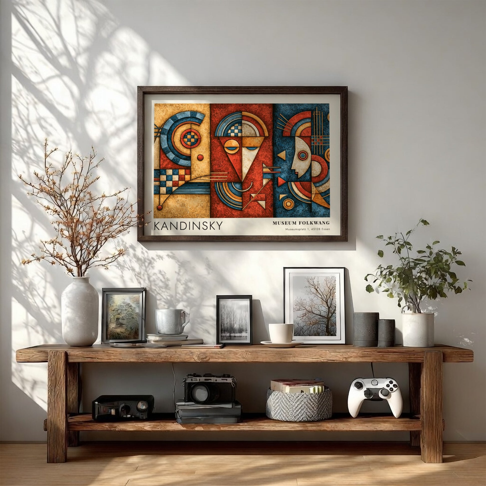 Wall art poster featuring Kandinsky Museum Folkwang exhibition design with geometric blue and red shapes