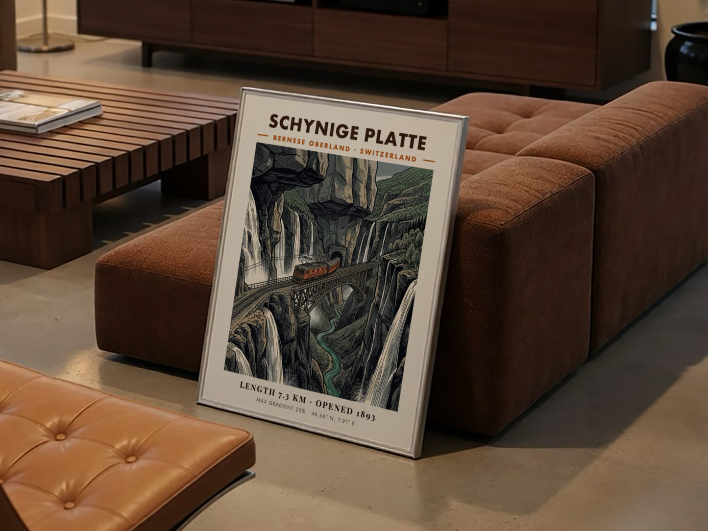 Poster of the Schynige Platte railway crossing a bridge in the Swiss Alps mountains.