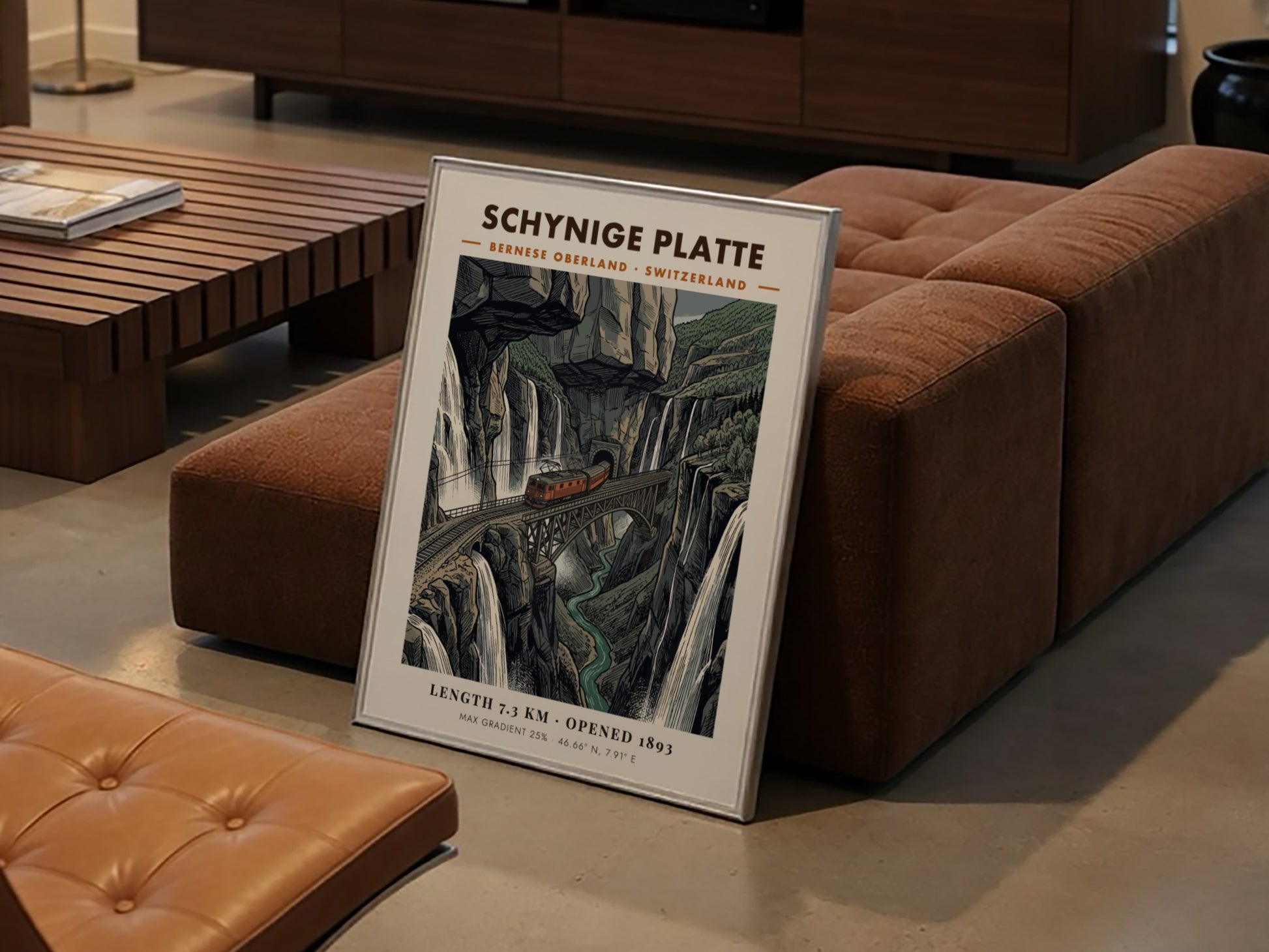Poster of the Schynige Platte railway crossing a bridge in the Swiss Alps mountains.